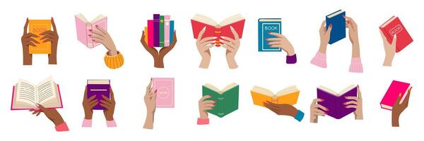 A collection of people holding books in various colors. Concept of reading and the importance of books in our lives vector