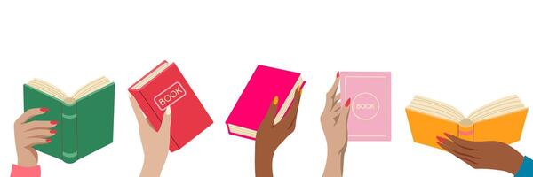 A group of people holding books with the word book on the front. The books are of different colors and sizes. The people are holding the books in their hands vector