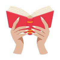 A hand holding a red book with a white trim. The book is open to a page with a white background vector