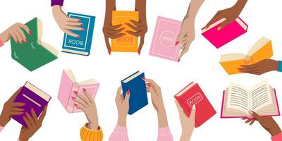 A group of people holding books together in a circle. The books are of different sizes and colors. Scene is that of a book club or a gathering of people who love reading vector