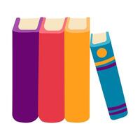 Three books stacked on top of each other with a blue book in the middle. The books are of different colors and sizes vector