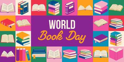 A colorful poster with many books on it that says World Book Day. The poster is made up of different colored squares, each with a book on it vector