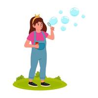 Girl blowing bubbles in a park during a sunny afternoon while enjoying her free time vector