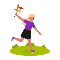 Cheerful girl running with a windmill toy in a green field on a sunny day vector