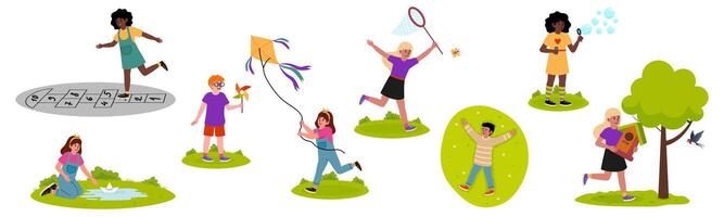 Children enjoying various outdoor activities in a playful park setting during a sunny day vector