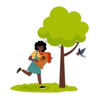 Girl playing guitar under a tree while a bird flies nearby on a sunny day vector