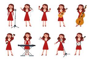 Woman showcasing various musical instruments in a lively performance setup vector