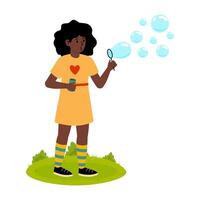 Young girl blowing bubbles in a grassy field on a sunny day vector