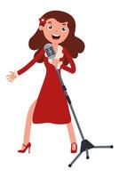Singer performing on stage in a red dress with a vintage microphone at an event vector