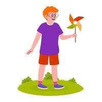 Child enjoying a colorful pinwheel while standing on green grass in a sunny outdoor setting vector