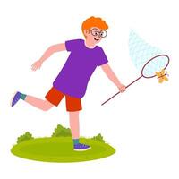 Boy catching butterfly with net in park during sunny day vector