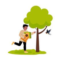 Child smiling while placing a birdhouse next to a tree in a sunny garden setting vector