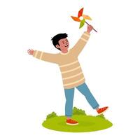 Boy joyfully playing with a colorful pinwheel in a sunny green field vector