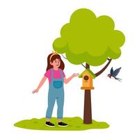Child interacts with birdhouse under a tree in a sunny garden setting vector