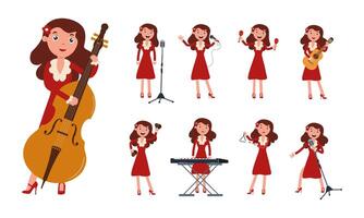 Musician performing with various instruments in a lively, animated style vector