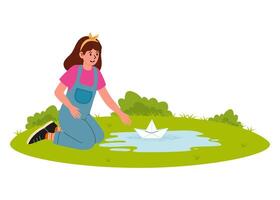 Girl playing with a paper boat in a small pond during a sunny day in a green park vector
