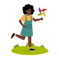 Child running joyfully with a colorful pinwheel in a sunny garden setting vector