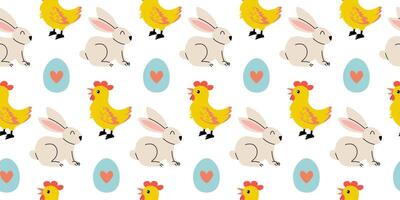Fun and colorful pattern featuring rabbits, chicks, and Easter eggs for festive decor vector