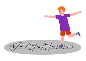 Boy playing hopscotch in a sunny playground with colorful markings and cheerful expression vector