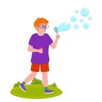 Boy blowing bubbles in a park on a sunny day enjoying outdoor playtime vector