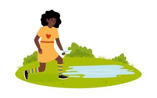 Girl exploring nature while walking near a small pond on a sunny day in a park vector