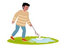Child plays with paper boat in small puddle during a sunny day outdoors with grassy surroundings vector