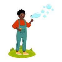 Child exploring bubbles with a magnifying glass in a grassy outdoor setting vector