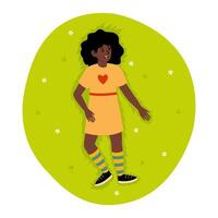 Girl enjoying sunny day while lying on grass in a park surrounded by flowers vector
