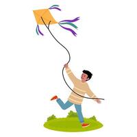 Child joyfully flying a colorful kite in a sunny park on a bright afternoon vector