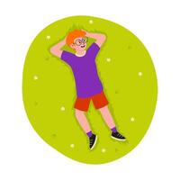 Child enjoys sunny day lying on grass in park surrounded by flowers and greenery vector