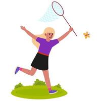 Girl chasing butterfly with net in a sunny outdoor setting vector