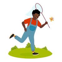 Child catching butterflies in a sunny garden with a net during afternoon playtime vector