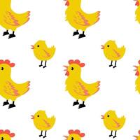 Colorful cartoon chicks and chickens in a playful pattern on a white background vector