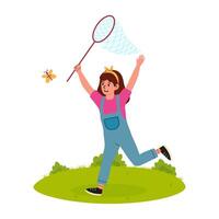 Child joyfully chasing a butterfly with a net in a green field on a sunny day vector