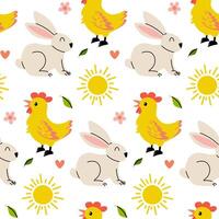 Seasonal pattern featuring cute rabbits and chickens on a bright background vector