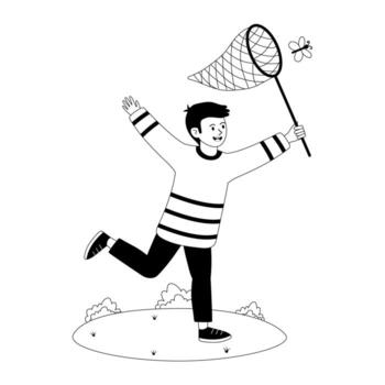 Child joyfully chasing a butterfly with a net in a grassy area during a sunny day vector