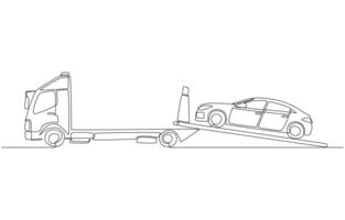 Continuous one line drawing of broken down car being loaded onto a slide truck, car moving service concept, single line art vector