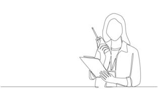 Continuous one line drawing of female event organizer holding clipboard and walkie-talkie, event organizing profession concept, single line art vector