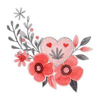 Flower and heart with twig composition in folk style. Stylized illustration in red and gray colors for wedding invitation creating. Hand drawn arrangement is perfect for romantic and love designs. vector