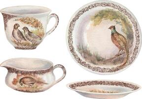 Vintage porcelain dinnerware set with pheasant illustrations. Realistic hand drawn watercolor with fine texture. Perfect for card design. Ideal for elegant tableware decor and nostalgic artwork. vector