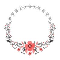 Round wreath with flower and branches in folk style. Stylized illustration in red and gray colors for wedding invitation creating. Hand drawn composition is perfect for romantic and love designs. vector