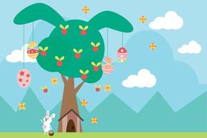 Springtime Easter Tree with Hanging Eggs Festive Illustration vector