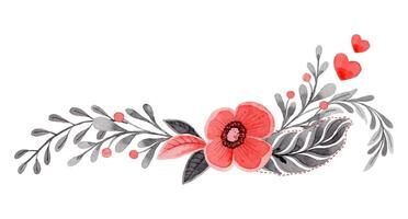 Long arrangement with flower and twig in folk style. Stylized illustration in red and gray colors for wedding invitation creating. Hand drawn composition is perfect for romantic and love designs. vector