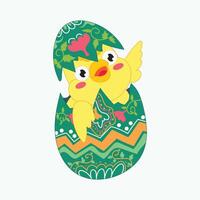 Adorable yellow chick hatching from a decorated Easter egg, symbolizing spring and new beginnings. vector