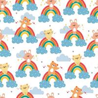seamless pattern cute cartoon cat, bear and bunny with rainbow and sky element. animal pattern for wallpaper, background and gift wrap paper vector