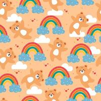 seamless pattern cute cartoon bear with rainbow, clouds and sky element. cute animal pattern for wallpaper, background and gift wrap paper vector