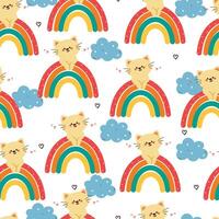 seamless pattern cute cartoon cat with rainbow and clouds. animal pattern for wallpaper, background and gift wrap paper vector