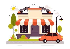Gun Store Illustration with Rifles, Bullets, and Hunting Gear in a Flat Cartoon Background vector