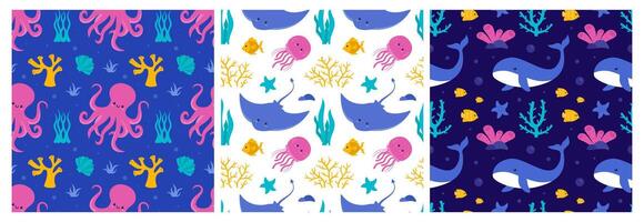 Ocean Seamless Pattern Template with Hand-Drawn Decorative Marine Elements vector