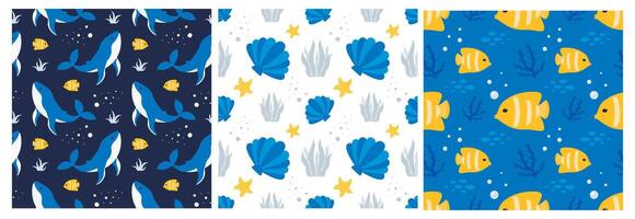 Seamless Marine Pattern Design with Ocean Decorations in Flat Cartoon Illustration. vector